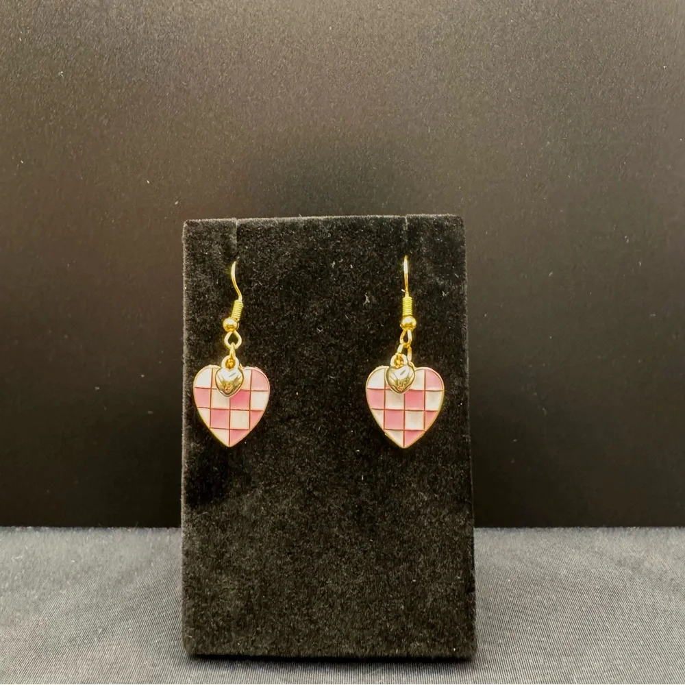New handmade Pink and Gold checkered Heart Earrings with gold heart charm added